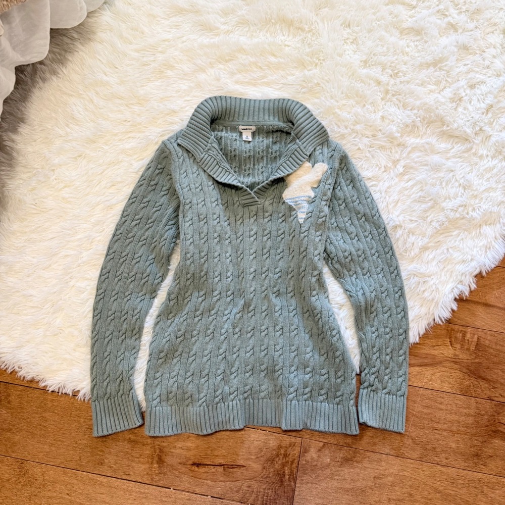 L.L. Bean Sage Green Cable Knit Sweater Maine Patch Women Size M Preppy Vibe